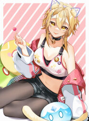 Rule 34 | 1girl, :p, animal ears, bare shoulders, bell, black choker, black shorts, blonde hair, breasts, cat ears, choker, cleavage, commentary request, fake animal ears, floral print, food, genshin impact, grey pantyhose, hair between eyes, hand up, highres, holding, holding food, jacket, jingle bell, large breasts, long hair, looking at viewer, lumine (genshin impact), neck bell, off shoulder, open clothes, open jacket, pantyhose, pink background, popsicle, short shorts, shorts, sitting, slime (genshin impact), solo, sports bra, striped, striped background, thighs, tongue, tongue out, yellow eyes, yoshitoki (kisshin)