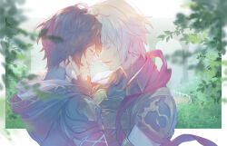 Rule 34 | 2boys, ahoge, arch, architecture, armor, branch, breastplate, brown hair, bush, cape, closed eyes, colored eyelashes, commentary, commentary request, cowboy shot, elbow gloves, fence, fingerless gloves, garden, gloves, granblue fantasy, hair between eyes, hand on another&#039;s chin, hand on another&#039;s face, highres, hood, hood down, lucifer (shingeki no bahamut), male focus, messy hair, multiple boys, parted lips, red cape, sandalphon (granblue fantasy), short hair, short sleeves, tekki (tki), tree, turtleneck, upper body, white hair, yaoi