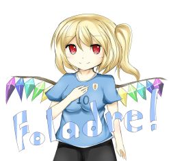 Rule 34 | 1girl, blonde hair, clothes writing, diego forlan, female focus, flandre scarlet, highres, parody, red eyes, smile, soccer uniform, solo, sportswear, touhou, uruguay, wings