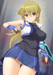Rule 34 | 1girl, armpits, banned artist, black shirt, blonde hair, blue gloves, blue skirt, breasts, brown eyes, card, closed mouth, collared jacket, commentary request, covered erect nipples, cropped jacket, duel academy uniform (yu-gi-oh! arc-v), fingerless gloves, gloves, gluteal fold, hair between eyes, highres, holding, holding card, jacket, large breasts, long hair, looking at viewer, miniskirt, n.g., paid reward available, panties, pantyshot, shirt, skirt, sleeveless, sleeveless jacket, sleeveless shirt, smile, solo, standing, tenjouin asuka, thigh gap, thighs, underwear, white jacket, white panties, yu-gi-oh!, yu-gi-oh! arc-v, yu-gi-oh! gx