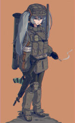 1girl ak-200 b1-517 bags_under_eyes blue_hair cigarette hatsune_miku highres kalashnikov_rifle load_bearing_vest orange_background rgd-5 rocket_launcher rpg_(weapon) simple_background smoke solo standing twintails vocaloid weapon