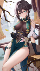 Rule 34 | 1girl, absurdres, arayuki (sakurafubuki), bare shoulders, bead necklace, beads, black gloves, black hair, blue eyes, breast curtains, breasts, chinese clothes, clothing cutout, commentary request, covered navel, earrings, feet out of frame, gloves, hair bun, head tilt, highres, hip bones, honkai: star rail, honkai (series), jewelry, large breasts, long hair, looking at viewer, necklace, parted lips, ruan mei (honkai: star rail), short sleeves, shoulder cutout, solo, standing, thighs