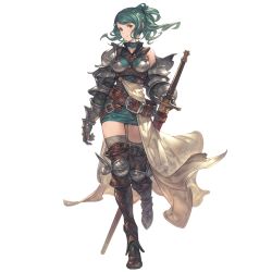 Rule 34 | armor, armored boots, belt, boots, breasts, brown eyes, closed mouth, granblue fantasy, green hair, herja, long hair, looking at viewer, ponytail, standing, sword, transparent background, weapon