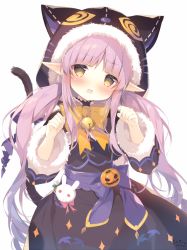 Rule 34 | 1girl, animal ears, animal hood, bell, black capelet, black jacket, black skirt, blush, bow, brown bow, brown eyes, capelet, cat ears, cat girl, cat hood, cat tail, commentary request, fur-trimmed capelet, fur-trimmed hood, fur-trimmed sleeves, fur trim, hands up, head tilt, hood, hood up, hooded capelet, jack-o&#039;-lantern, jacket, jingle bell, kyoka (halloween) (princess connect!), kyoka (princess connect!), long hair, long sleeves, looking at viewer, low twintails, open mouth, paw pose, pointy ears, princess connect!, purple bow, purple hair, shiratama (shiratamaco), signature, simple background, skirt, solo, tail, tail bow, tail ornament, twintails, very long hair, white background, wide sleeves