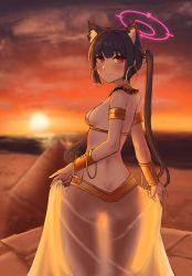 Rule 34 | 1girl, absurdres, animal ear fluff, animal ears, armlet, ass, bare back, bare shoulders, black hair, blue archive, bra, bracelet, breasts, butt crack, cat ears, cloud, desert, earrings, egypt, egyptian, evening, gold, gradient sky, halo, highres, hoop earrings, jewelry, orange sky, outdoors, pyramid (structure), red eyes, scenery, serika (blue archive), silhouette, sky, small breasts, solo, sun, sunset, twintails, underwear, usekh collar, user evmh2537, white bra, wolf girl