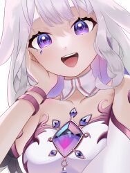 Rule 34 | 1girl, absurdres, bare shoulders, breasts, bridal gauntlets, chest jewel, colored inner hair, crystal, detached collar, detached sleeves, dress, from below, gem, gradient hair, grey hair, hair flaps, hand on own cheek, hand on own face, highres, hololive, hololive english, jewel under eye, koseki bijou, koseki bijou (1st costume), long hair, looking at viewer, multicolored hair, nekkutow, open mouth, pink hair, purple eyes, purple gemstone, purple hair, sidelocks, single arm guard, single bridal gauntlet, single detached sleeve, smile, solo, upper body, virtual youtuber, white background, white bridal gauntlets, white dress