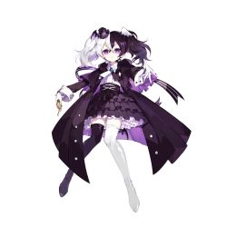 Rule 34 | 1girl, benghuai xueyuan, black hair, black hat, black jacket, black skirt, black thighhighs, coat, fran (benghuai xueyuan), full body, hat, honkai (series), jacket, knees together feet apart, long hair, looking at viewer, mini hat, multicolored hair, official art, purple eyes, shirt, skirt, solo, split-color hair, thighhighs, third-party source, twintails, two-sided coat, two-sided fabric, white hair, white shirt, white thighhighs