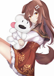 Rule 34 | 1girl, :3, animal ears, bone hair ornament, brown eyes, brown hair, buttons, closed mouth, cowboy shot, dog ears, dog tail, double-breasted, dress, frilled skirt, frills, from side, fuji noyume, hair between eyes, hair ornament, hairclip, highres, hololive, inugami korone, inugami korone (street), light smile, long hair, looking at viewer, lying, on side, sailor collar, skirt, stuffed animal, stuffed dog, stuffed toy, tail, thighs, underbust, virtual youtuber