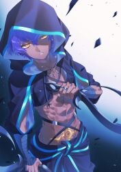 Rule 34 | 1boy, abs, absurdres, bandaged arm, bandages, black jacket, blue hair, cowboy shot, dark-skinned male, dark skin, dual wielding, earrings, fate/grand order, fate (series), hair between eyes, hassan of the shining star (fate), highres, holding, hood, itsuma su, jacket, jewelry, long sleeves, looking at viewer, male focus, mask, mole, mole under eye, multiple rings, necklace, open clothes, open jacket, parted lips, pectoral cleavage, pectorals, pubic tattoo, purple eyes, purple hair, ring, short hair, sickle, solo, tattoo, toned, toned male, topless male, yellow eyes