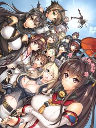 Rule 34 | &gt;:(, agano (kancolle), amatsukaze (kancolle), antenna hair, black hair, blonde hair, blue eyes, blue sky, braid, breasts, brown eyes, brown hair, cleavage, cup, double bun, dutch angle, elbow gloves, everyone, flower, front-tie top, glasses, gloves, green eyes, grey hair, hair between eyes, hair bun, hair flower, hair ornament, hair tubes, haruna (kancolle), headgear, hiei (kancolle), hiyohiyo, iowa (kancolle), kantai collection, kashima (kancolle), katori (kancolle), kirishima (kancolle), kongou (kancolle), large breasts, long hair, looking at viewer, miniskirt, mutsu (kancolle), nagato (kancolle), navel, nontraditional miko, noshiro (kancolle), oil-paper umbrella, one eye closed, opaque glasses, open mouth, plate, red hair, ribbon-trimmed sleeves, ribbon trim, sakawa (kancolle), semi-rimless eyewear, shimakaze (kancolle), short hair, skirt, sky, smile, star-shaped pupils, star (symbol), striped clothes, striped legwear, striped thighhighs, symbol-shaped pupils, tea, teacup, thighhighs, tongue, tongue out, twin braids, twintails, umbrella, under-rim eyewear, vertical-striped clothes, vertical-striped thighhighs, white gloves, yahagi (kancolle), yamato (kancolle)