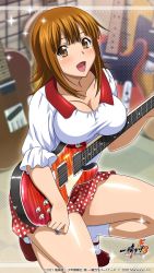 Rule 34 | 1girl, :d, ato (ikkitousen), blurry, blurry background, breasts, brown eyes, brown hair, cleavage, copyright name, highres, holding, holding instrument, ikkitousen, indoors, instrument, large breasts, long hair, mary janes, miniskirt, official art, on one knee, open mouth, polka dot, polka dot skirt, red footwear, red skirt, shirt, shoes, skirt, smile, socks, solo, straight hair, white shirt, white socks