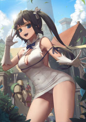 Rule 34 | 1girl, backless dress, backless outfit, bare legs, bare shoulders, black hair, blue bow, blue bowtie, blue eyes, blue ribbon, bow, bowtie, breasts, cityscape, cleavage, clothing cutout, cloud, cloudy sky, covered navel, dress, dungeon ni deai wo motomeru no wa machigatteiru darou ka, from below, gloves, hestia (danmachi), large breasts, lens flare, long hair, looking at viewer, ola (bunnyfly), open hand, open mouth, outdoors, panties, pantyshot, pencil dress, rei no himo, ribbon, short dress, sideboob, skindentation, sky, sleeveless, sleeveless dress, smile, solo focus, sun, tight clothes, tight dress, town, twintails, underwear, very long hair, w, white dress, white panties, wind