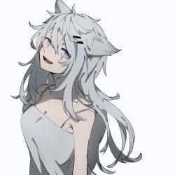 Rule 34 | 1girl, akahito (akaironotanin), alternate costume, animal ears, arknights, breasts, camisole, casual, cleavage, collarbone, commentary, grey eyes, hair between eyes, hair ornament, hairclip, highres, lappland (arknights), long hair, looking at viewer, medium breasts, open mouth, scar, scar across eye, scar on face, sharp teeth, silver hair, simple background, sleeveless, smile, solo, spaghetti strap, strap slip, teeth, upper body, white background, white camisole, wolf ears