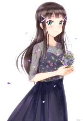 Rule 34 | 1girl, bad id, bad pixiv id, black hair, blue dress, blunt bangs, blush, breasts, cleavage, collarbone, dress, floral print, flower, green eyes, hiro9779, holding, holding flower, kurosawa dia, long hair, looking at viewer, love live!, love live! school idol festival, love live! sunshine!!, medium breasts, mole, mole under mouth, open mouth, petals, see-through, see-through sleeves, short sleeves, sidelocks, simple background, solo, white background