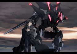 Rule 34 | 1boy, black hair, bodysuit, clothing cutout, cloud, cloudy sky, coat, film grain, glowing, grimreaper (fafner), letterboxed, long sleeves, makabe kazuki, mecha, open clothes, open coat, parted bangs, pilot suit, robot, short hair, sky, soukyuu no fafner, synergetic suit, thigh cutout, yellow eyes, yri ll