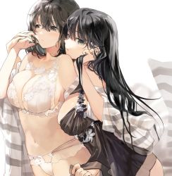 Rule 34 | 2girls, ass, babydoll, bare shoulders, black bra, black eyes, black hair, black panties, bra, breasts, camisole, camisole lift, cleavage, clothes lift, flower, hair between eyes, holding hands, hougu souji, hug, hug from behind, lace, lace-trimmed bra, lace-trimmed panties, lace trim, large breasts, lingerie, long hair, looking at viewer, looking to the side, multiple girls, open mouth, original, out of frame, panties, see-through, simple background, stomach, thighs, tight clothes, underwear, white bra, white panties, yuri