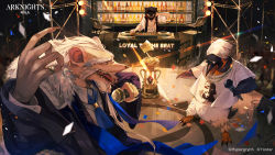 Rule 34 | 1girl, 2boys, absurdres, animal ears, arknights, arm up, beard, bird, black coat, blue necktie, bottle, coat, collared shirt, company name, computer, confetti, copyright name, d.d.d. (arknights), dj, facial hair, fingernails, furry, furry male, glint, hat, highres, holding, holding microphone, jewelry, laptop, lens flare, long fingernails, long hair, long sleeves, mask, microphone, mouse ears, multiple boys, music, necklace, necktie, official art, old, old man, open clothes, open coat, open mouth, ozadomi, penguin, rat king (arknights), ring, shirt, silver hair, singing, stage, sunglasses, talons, the emperor (arknights), thick eyebrows, tongue, trophy, white headwear, white shirt