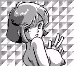 Rule 34 | 1girl, breasts, from behind, large breasts, looking at viewer, looking back, monochrome, nipples, nude, open mouth, pixel art, puzznic, saiwai hiroshi, short hair, smile, standing, taito, upper body, w