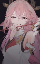 Rule 34 | 1girl, bare shoulders, black background, breasts, genshin impact, hair between eyes, hair ornament, half-closed eyes, highres, holding, holding staff, long hair, long sleeves, looking at viewer, mare6ns, naughty face, pink hair, simple background, smile, solo, staff, upper body, wide sleeves, yae miko