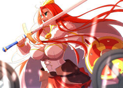 Rule 34 | 1girl, boudica (fate), boudica (third ascension) (fate), breasts, cloak, crown, fate/grand order, fate (series), green eyes, holding, holding sword, holding weapon, large breasts, long hair, red hair, shiime, solo, sword, weapon