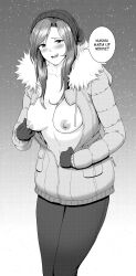 Rule 34 | 1girl, absurdres, artist name, beanie, blink3r, blush, breasts, collarbone, english text, feet out of frame, fur collar, gloves, hat, highres, jacket, large breasts, legs together, long hair, long sleeves, looking at viewer, monochrome, nipples, no bra, open clothes, open jacket, open mouth, original, outdoors, pants, smile, snow, snowing, solo, speech bubble, teeth, thighs, upper teeth only