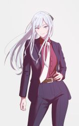 Rule 34 | 1girl, absurdres, ak-12 (girls&#039; frontline), ak-12 (lucia) (girls&#039; frontline), belt, black jacket, black pants, black suit, blazer, brown belt, closed mouth, feet out of frame, formal, girls&#039; frontline, hand on own hip, high-waist pants, highres, ichinose (ichinose1592), jacket, long hair, looking at viewer, necktie, official style, open clothes, open jacket, pants, purple eyes, red shirt, shirt, silver hair, smile, solo, standing, suit, white background, white necktie