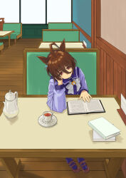 Rule 34 | 1girl, absurdres, agnes tachyon (umamusume), ahoge, book, bow, brown footwear, brown hair, chemical structure, closed mouth, commentary request, cup, earrings, hair between eyes, head rest, highres, horse girl, jewelry, loafers, purple shirt, purple thighhighs, reading, red eyes, sailor collar, school uniform, shahha, shirt, shoes, single earring, sitting, solo, table, tea, teacup, thighhighs, tracen school uniform, umamusume, white bow, winter uniform