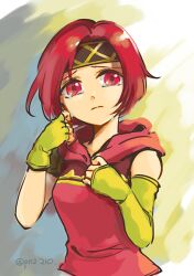 Rule 34 | 1girl, asymmetrical gloves, bare shoulders, crying, crying with eyes open, fingerless gloves, fire emblem, fire emblem: the sacred stones, gloves, hood, hood down, looking at viewer, neimi (fire emblem), nintendo, parted hair, pink eyes, pink hair, pink hood, ponzu (pnz 210), solo, tears, two-tone headband, yellow gloves