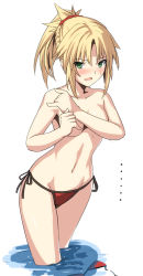 Rule 34 | ..., 1girl, bikini, blonde hair, blush, breasts, collarbone, covering privates, covering breasts, cowboy shot, fate/apocrypha, fate/grand order, fate (series), green eyes, groin, hair ornament, hair scrunchie, looking at viewer, medium breasts, mordred (fate), mordred (fate) (all), mordred (fate/apocrypha), mordred (swimsuit rider) (fate), mordred (swimsuit rider) (first ascension) (fate), navel, open mouth, partially submerged, ponytail, red bikini, scrunchie, shiseki hirame, side-tie bikini bottom, solo, swimsuit, topless, wading, wardrobe malfunction, water, white background