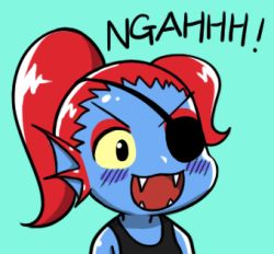 Rule 34 | &gt;:d, 1girl, :d, aqua background, bad id, bad pixiv id, blue skin, blush, chibi, colored sclera, colored skin, english text, eyepatch, eyeshadow, fangs, gyate gyate, lowres, makeup, monster, monster girl, open mouth, ponytail, portrait, red hair, simple background, smile, solo, tank top, undertale, undyne, upper body, v-shaped eyebrows, yaruky, yellow sclera