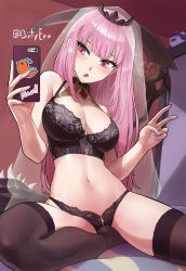 Rule 34 | 1girl, bare shoulders, black thighhighs, blush, breasts, cellphone, dirty ero, english text, fingernails, highres, holding, holding phone, hololive, hololive english, indoors, large breasts, lingerie, long hair, mori calliope, open mouth, phone, pink eyes, pink hair, scythe, see-through, selfie, solo, sticker, thighhighs, tiara, twitter username, underwear, v, virtual youtuber, weapon, zipper, zipper pull tab