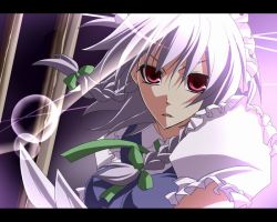Rule 34 | 1girl, bad id, bad pixiv id, breasts, female focus, gradient background, izayoi sakuya, knife, letterboxed, pink eyes, red eyes, sakura (lilak a), silver hair, solo, throwing knife, touhou, upper body, weapon