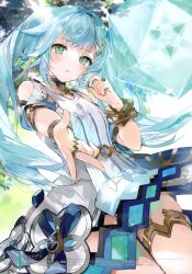 Rule 34 | 1girl, absurdres, aqua hair, breasts, dress, faruzan (genshin impact), floating hair, genshin impact, green eyes, hair ornament, tucking hair, hand up, highres, jewelry, long hair, looking at viewer, multiple rings, outdoors, parted lips, ring, scan, short sleeves, sidelocks, small breasts, solo, soraneko hino, standing, sunlight, twintails, vision (genshin impact), white dress, x hair ornament