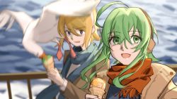 Rule 34 | 2girls, ahoge, bird, blonde hair, blue eyes, blue scarf, blurry, blurry background, brown coat, coat, commentary, depth of field, earmuffs, food, food theft, green eyes, green hair, gumi, hairband, handrail, holding, holding food, ice cream, kagamine rin, medium hair, motion blur, multiple girls, ocean, open mouth, red scarf, scarf, seagull, selfie, smile, standing, surprised, upper body, v-shaped eyebrows, vocaloid, white bird, wounds404