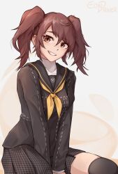 Rule 34 | 1girl, ascot, brown eyes, brown hair, commentary request, eondriver, highres, houndstooth, kujikawa rise, looking at viewer, persona, persona 4, school uniform, skirt, smile, thighhighs, twintails, yasogami school uniform, yellow ascot, zettai ryouiki
