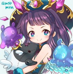 Rule 34 | &gt;:), 1girl, bad id, bad pixiv id, blue eyes, gloves, hat, holding, holding stuffed toy, hug, long hair, looking at viewer, lumiel (p&amp;d), mashiro miru, purple hair, puzzle &amp; dragons, sleeveless, slime (creature), solo, sparkling eyes, stuffed animal, stuffed toy, swept bangs, tapir, twitter username, two side up, v-shaped eyebrows, wings