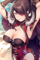 Rule 34 | 1girl, absurdres, allze, armpits, arms up, beach, beidou (genshin impact), breasts, brown hair, cleavage, colored eyepatch, eyepatch, fur trim, genshin impact, gloves, hair ornament, hair stick, hairpin, highres, large breasts, lips, looking at viewer, one eye covered, outdoors, red eyes, sand, solo, teeth, vision (genshin impact), water