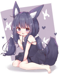 Rule 34 | 1girl, :d, animal ears, bare arms, bare legs, bare shoulders, barefoot, between legs, black dress, black hair, blush, dress, fang, flat chest, from side, full body, hair between eyes, hand between legs, hand up, long hair, looking at viewer, low twintails, miria (mamamamave), open mouth, original, pleated dress, purple eyes, short dress, shoulder blush, sidelocks, sitting, skin fang, smile, solo, spaghetti strap, strap slip, tail, twintails, wariza