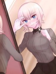 Rule 34 | 100zi, 1girl, alternate hair length, alternate hairstyle, black skirt, blue eyes, blurry, blurry foreground, blush, clenched hand, closed mouth, commentary, depth of field, dress shirt, frown, girls und panzer, grey shirt, hand in own hair, insignia, itsumi erika, kuromorimine school uniform, long sleeves, looking at viewer, mirror, pleated skirt, reflection, school uniform, shirt, short hair, silver hair, skirt, solo, standing, wing collar
