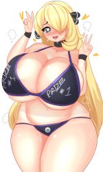 Rule 34 | 1girl, absurdres, bikini, black eyes, blonde hair, blush, breasts, cleavage, creatures (company), curvy, cynthia (pokemon), double v, fladdykin, game freak, hair over one eye, heart, heart-shaped pupils, highres, huge breasts, long hair, looking at viewer, navel, nintendo, open mouth, pokemon, pokemon dppt, smile, solo, stomach, swimsuit, symbol-shaped pupils, thick thighs, thighs, v, white background, wide hips