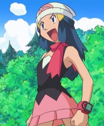 Rule 34 | 00s, 1girl, beanie, blue eyes, blue hair, breasts, creatures (company), dawn (pokemon), forest, game freak, hair ornament, hairclip, hat, highres, long hair, looking away, nature, nintendo, open mouth, pokemon, pokemon (anime), pokemon dppt (anime), scarf, screencap, simple background, sky, small breasts, third-party edit, upper body