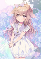 Rule 34 | 1girl, animal ears, aruya (flosrota), blue flower, blush, bow, brown eyes, brown hair, closed mouth, commentary request, dog ears, dog girl, dog tail, dress, flower, hair between eyes, holding, holding umbrella, hydrangea, looking at viewer, original, pink flower, purple bow, purple sailor collar, sailor collar, sailor dress, short eyebrows, single wrist cuff, smile, solo, standing, striped, striped bow, tail, thick eyebrows, transparent, transparent umbrella, twitter username, umbrella, white dress, wrist cuffs