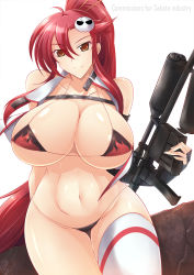 Rule 34 | 00s, 1girl, anti-materiel rifle, bikini, breasts, brown eyes, cleavage, covered erect nipples, curvy, gun, haganef, hair ornament, huge breasts, long hair, navel, ponytail, red hair, rifle, simple background, single thighhigh, smile, sniper rifle, solo, swimsuit, tengen toppa gurren lagann, thick thighs, thigh gap, thighhighs, thighs, very long hair, weapon, white background, white thighhighs, wide hips, yoko littner