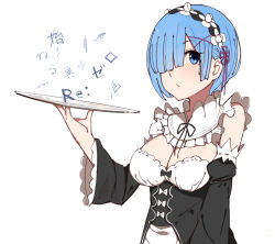 Rule 34 | 10s, 1girl, blue eyes, blue hair, blunt bangs, blush, breasts, closed mouth, collar, commentary request, copyright name, detached collar, detached sleeves, frilled collar, frilled hairband, frills, hair over one eye, hairband, holding, holding plate, looking at viewer, maid, medium breasts, one eye covered, plate, re:zero kara hajimeru isekai seikatsu, rem (re:zero), sente, short hair, simple background, solo, upper body, white background, wide sleeves