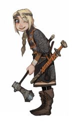 Rule 34 | 1girl, :d, armor, astrid hofferson, axe, blonde hair, blue eyes, boots, brown footwear, chainmail, cross-laced footwear, fold-over boots, from side, full body, hair over one eye, hatchet (axe), headband, highres, holding, holding axe, how to train your dragon, leaning forward, looking at viewer, looking to the side, mossacannibalis, one eye covered, open mouth, sheath, sheathed, simple background, smile, solo, sword, weapon, white background