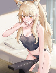 Rule 34 | 1girl, absurdres, animal ear fluff, animal ears, anvil, arknights, bare arms, bare shoulders, bed, black panties, black tank top, blemishine (arknights), blonde hair, blush, breasts, cleavage, commentary request, crop top, crotch rub, highres, horse ears, medium breasts, midriff, navel, nose blush, orange eyes, panties, pillow, runyo (yale12312), solo, standing, stomach, tank top, thighs, underwear