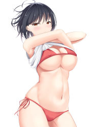 Rule 34 | 1girl, absurdres, ahoge, arms up, bikini, black hair, blush, breasts, cleavage, clothes lift, commentary request, covered erect nipples, expressionless, highres, kanata (kanade pa), large breasts, lifted by self, looking at viewer, navel, original, red bikini, shirt, shirt lift, side-tie bikini bottom, simple background, solo, standing, swimsuit, underboob, undressing, white background, white shirt, yellow eyes
