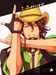 Rule 34 | 10s, 1boy, bad id, bad pixiv id, bracelet, brown eyes, brown hair, cowboy, cowboy hat, cowboy western, facial hair, fingerless gloves, gloves, hat, jewelry, kaburagi t. kotetsu, male focus, microphone, microphone stand, pointing, short hair, solo, stubble, tiger &amp; bunny, tsukamushippo, vest, western