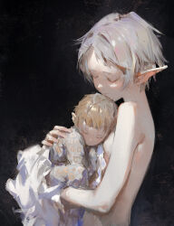 Rule 34 | 2girls, black background, blanket, breasts, brown hair, closed eyes, commentary, dino (dinoartforame), english commentary, from side, hand on another&#039;s shoulder, highres, holding baby, lucy greyrat, mother and daughter, multiple girls, mushoku tensei, nude, painterly, pointy ears, short hair, small breasts, smile, sylphiette (mushoku tensei), upper body, white hair