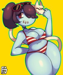 Rule 34 | 1girl, arm behind back, bikini, blue hair, blue skin, colored skin, cowboy shot, hair over one eye, leviathan (skullgirls), red eyes, side ponytail, skullgirls, solo, squigly (skullgirls), striped bikini, striped clothes, sunglasses on head, swimsuit, yellow background, zombie
